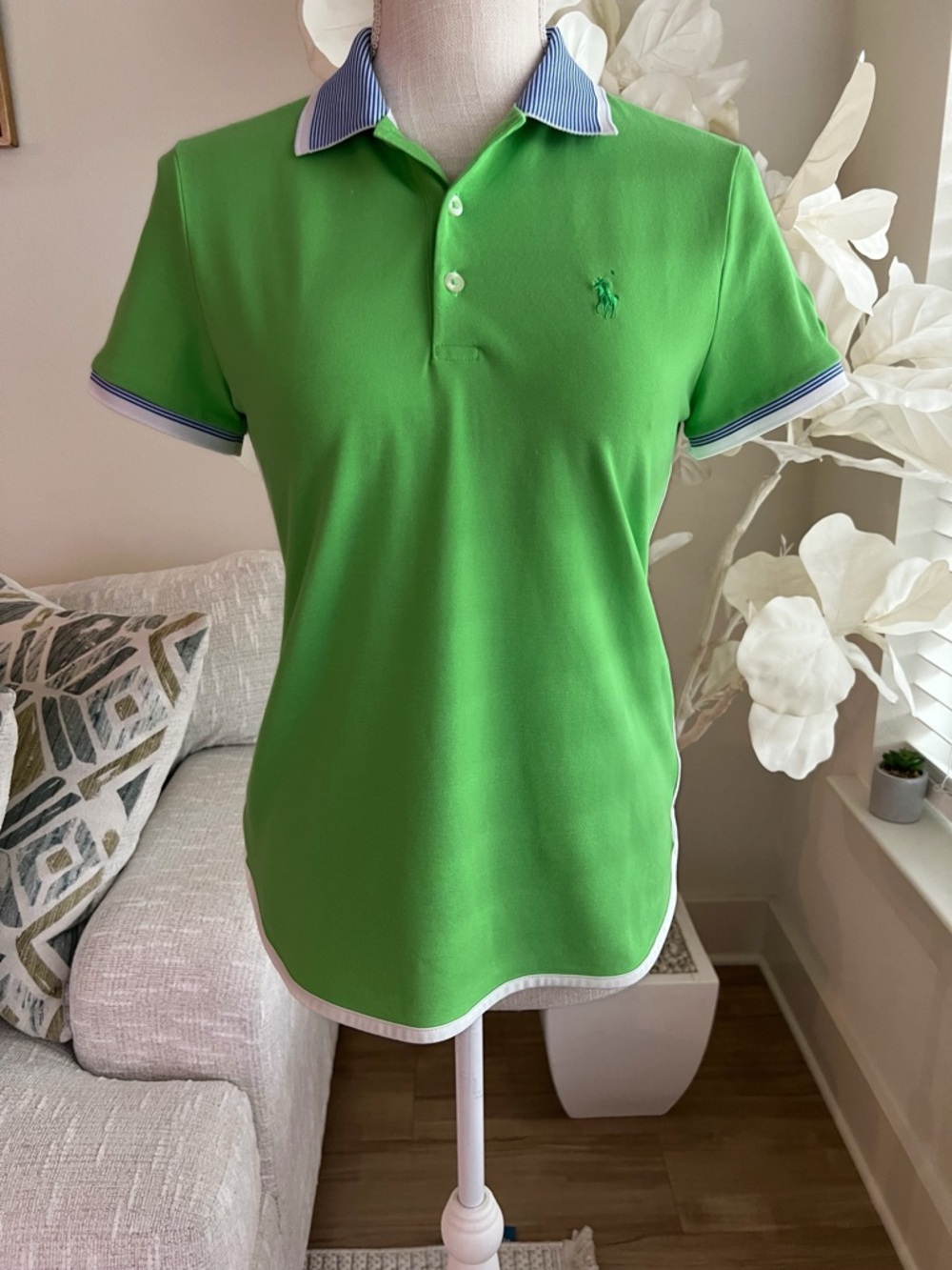 Polo Ralph Lauren Green Striped Collar Woman’s Golf Shirt Size Small